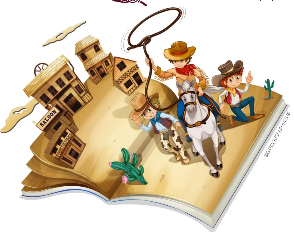 Illustration of an open book with an Old West town, cowboys and cowgirls (Bigstock/Graphijcs RF)