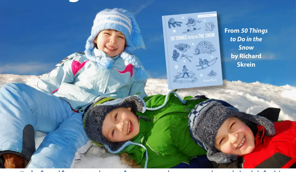Three children lying in the snow, from 50 Things to Do in the Snow by Richard Skrein