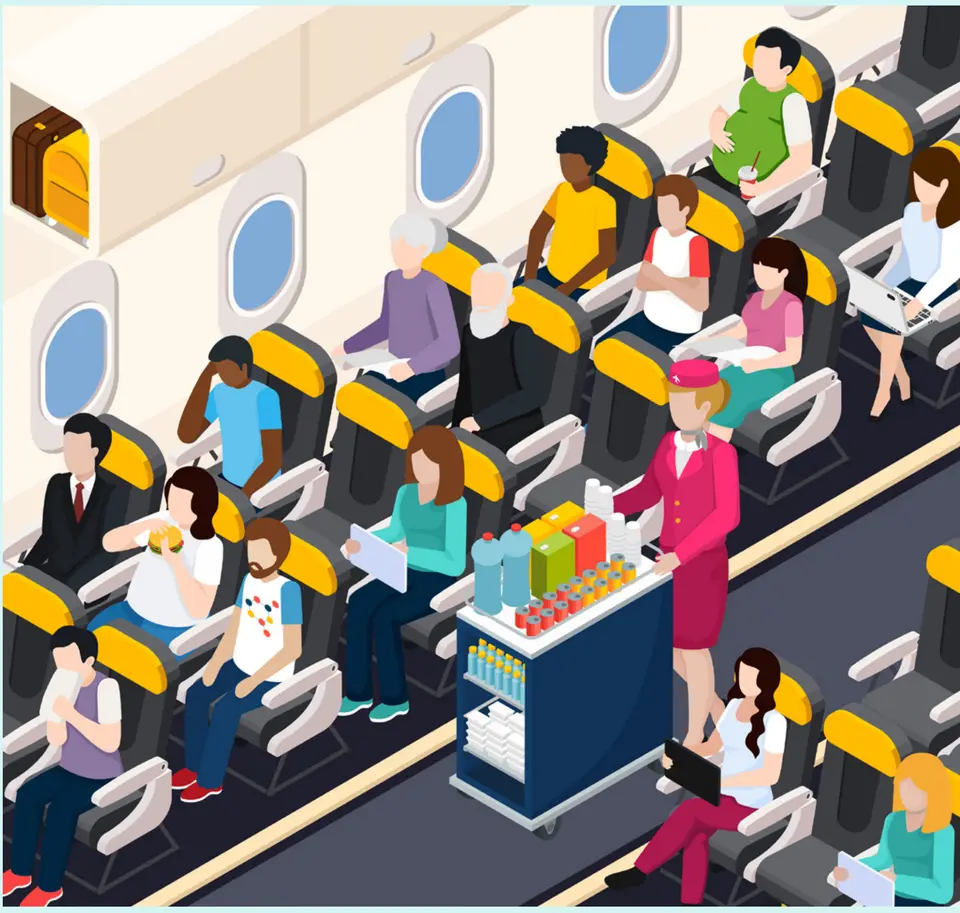 Illustration of passengers aboard an airplane as a flight attendant pushes a beverage cart down the aisle. (BIGSTOCK / IMACROVECTOR SLU)