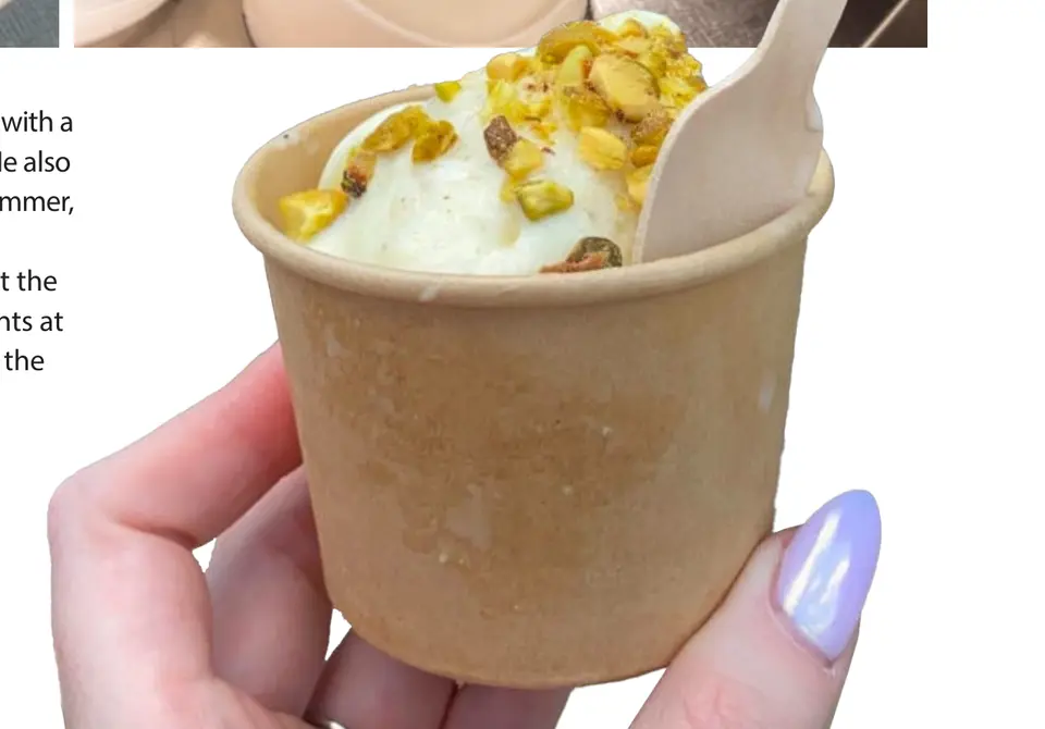 A hand holding a cup of pistachio-topped booza