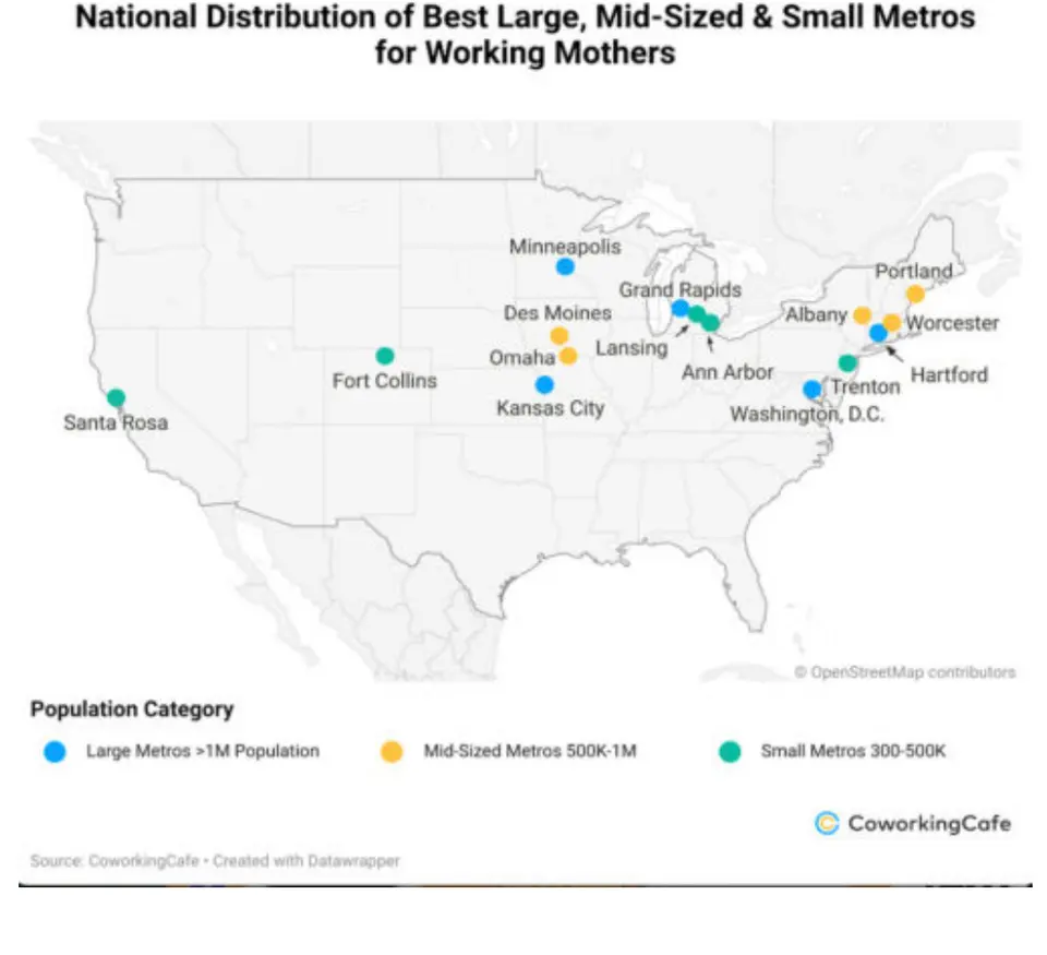 National Distribution of Best Large, Mid-Sized & Small Metros for Working Mothers. Source: CoworkingCafe
