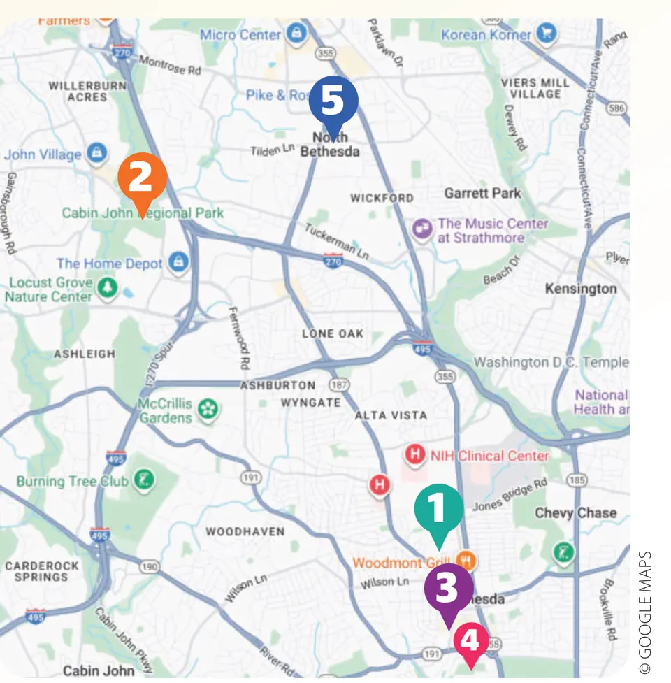 Map of the five Bethesda playground locations. © Google Maps