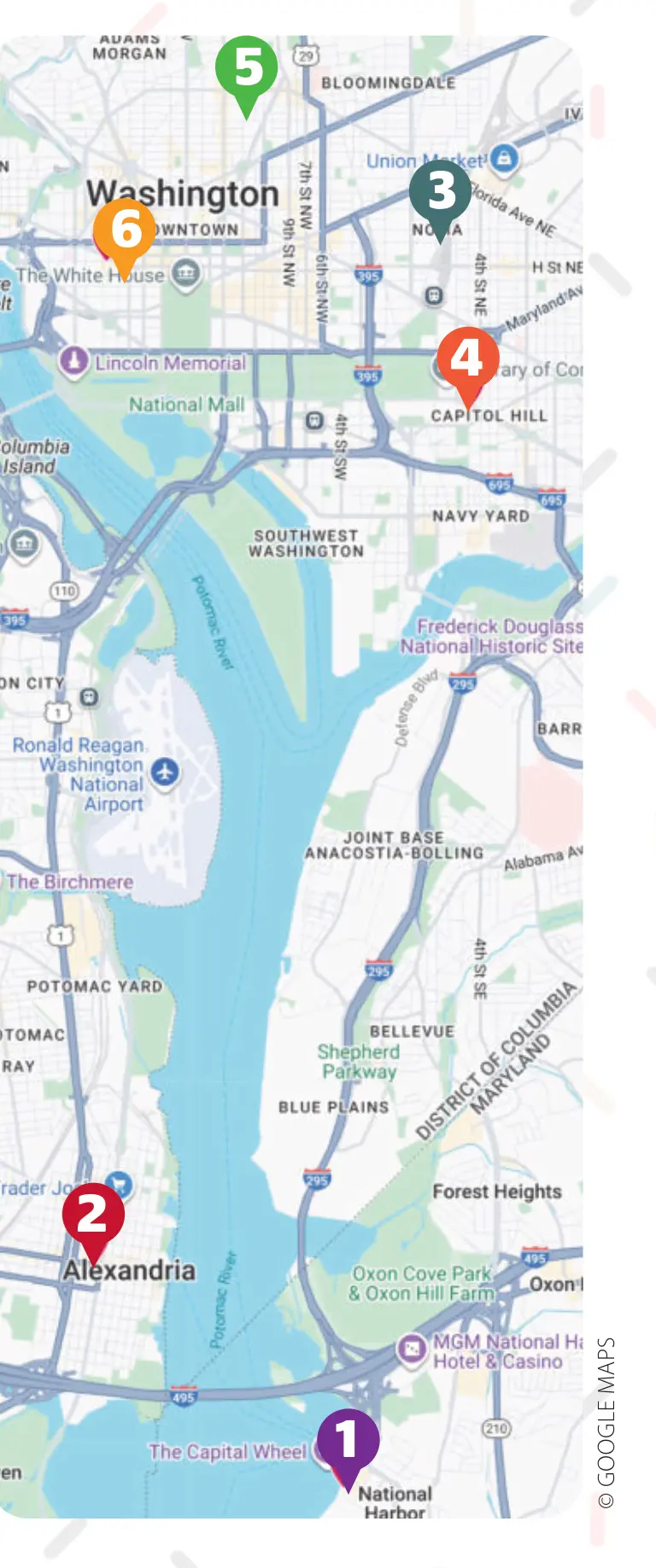 Map of the six featured milkshake spots across DC, Maryland and Virginia. (© Google Maps)