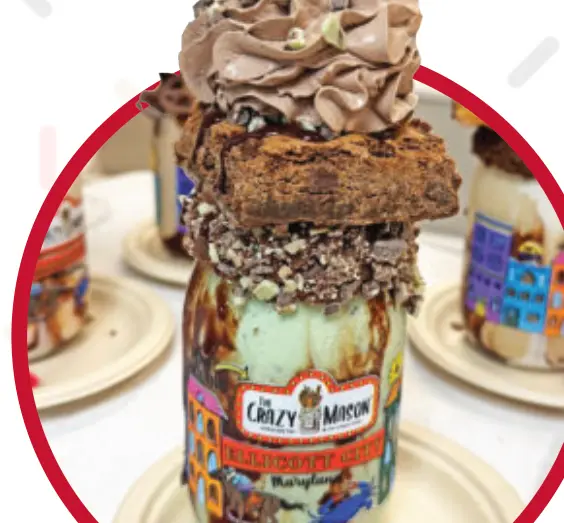 A towering brownie-topped shake from Crazy Mason Milkshake Bar.