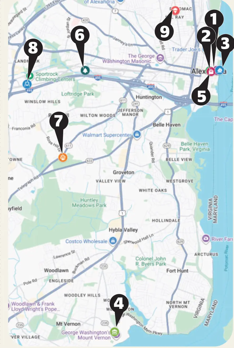 Map of the nine family-friendly Alexandria destinations. © Google Maps