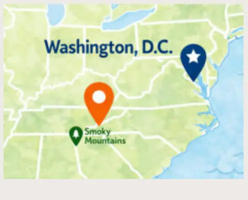 Map showing Washington, D.C. and the Smoky Mountains