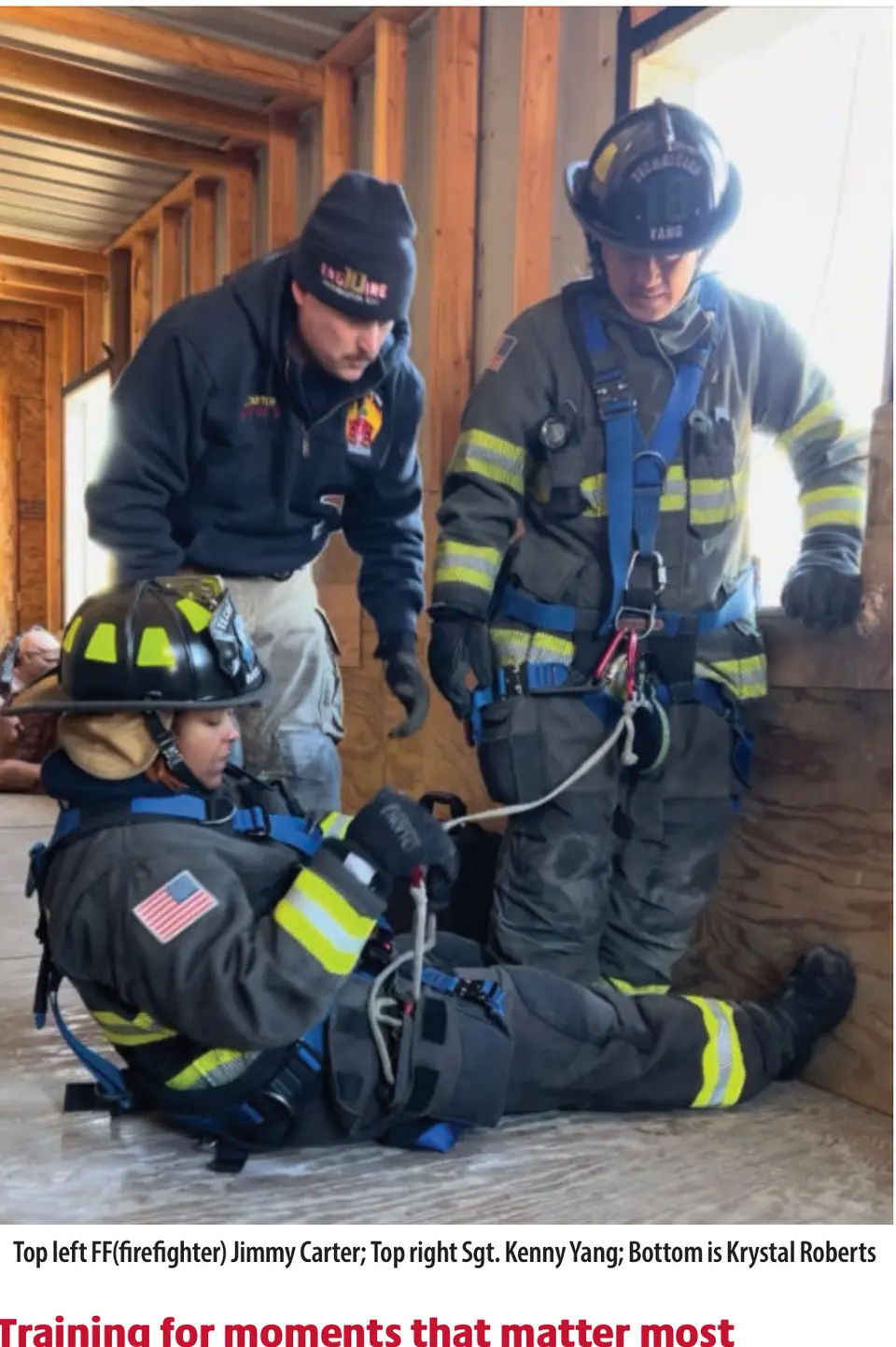 Top left FF(firefighter) Jimmy Carter; Top right Sgt. Kenny Yang; Bottom is Krystal Roberts