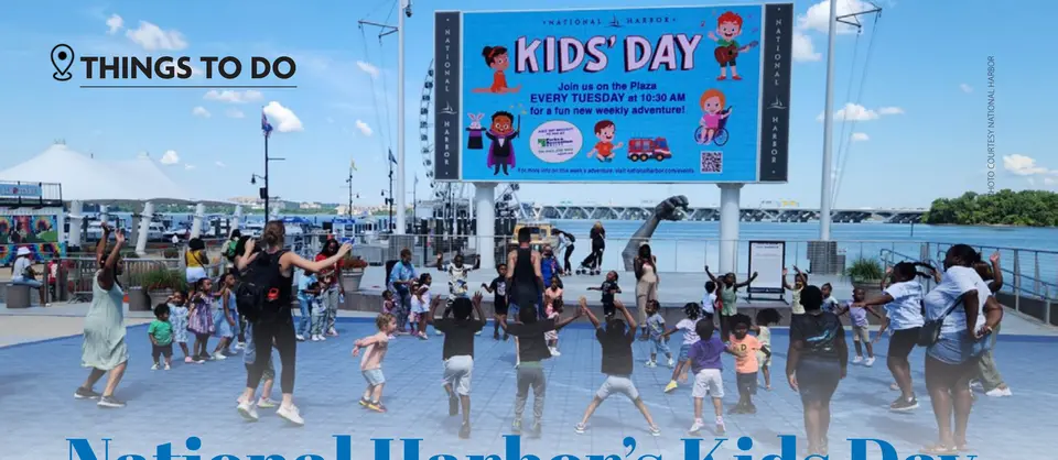 Kids gather on the National Harbor Plaza for Kids Day. Photo courtesy National Harbor.