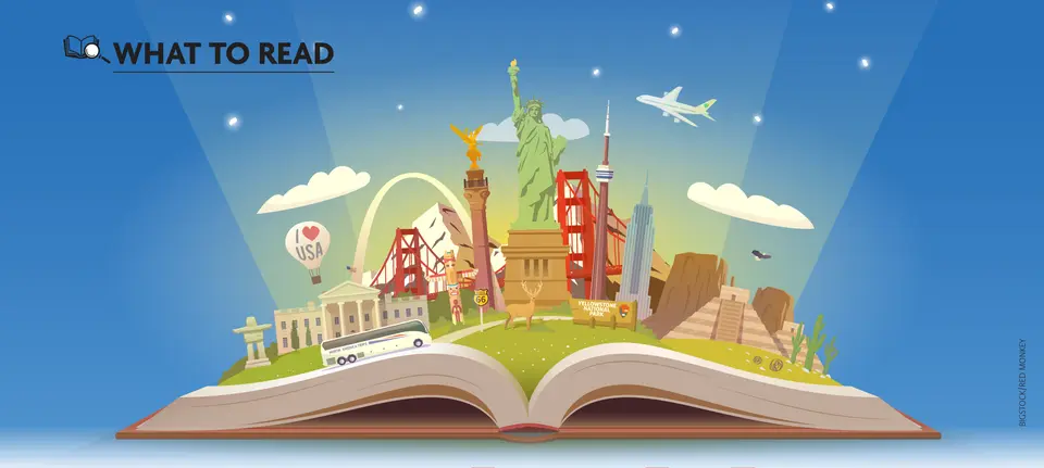 Illustration of an open book with American landmarks rising from its pages. (Bigstock/Red Monkey)