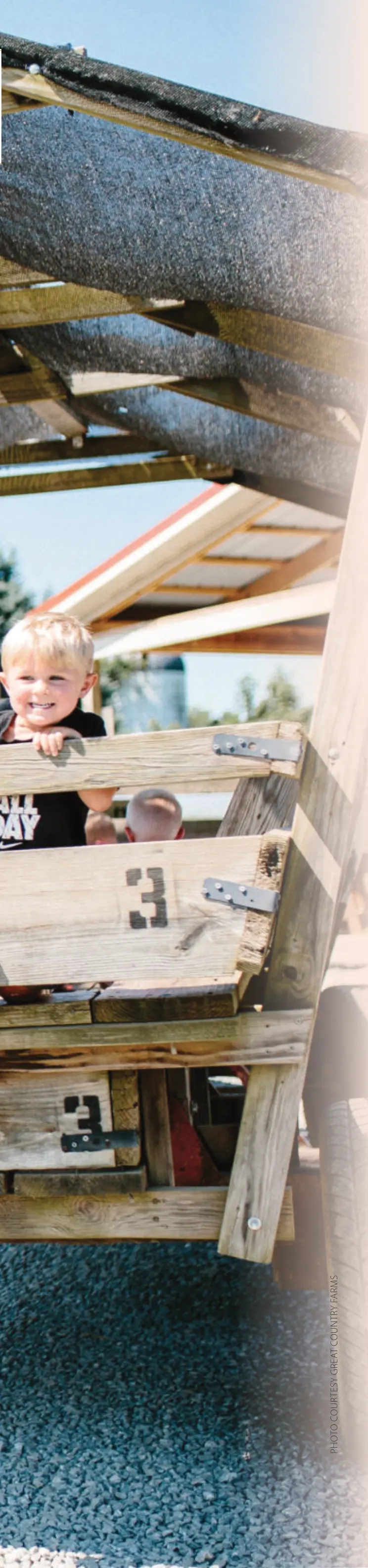 A young child peers over the side of a wooden hayride wagon. Photo courtesy Great Country Farms